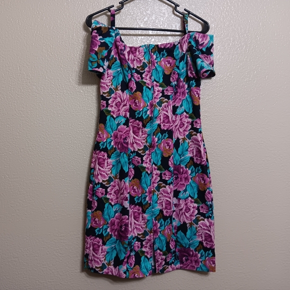 Bill Berman Jodi Schwartz Vintage Purple Blue Floral Off Shoulder Dress - Picture 3 of 4